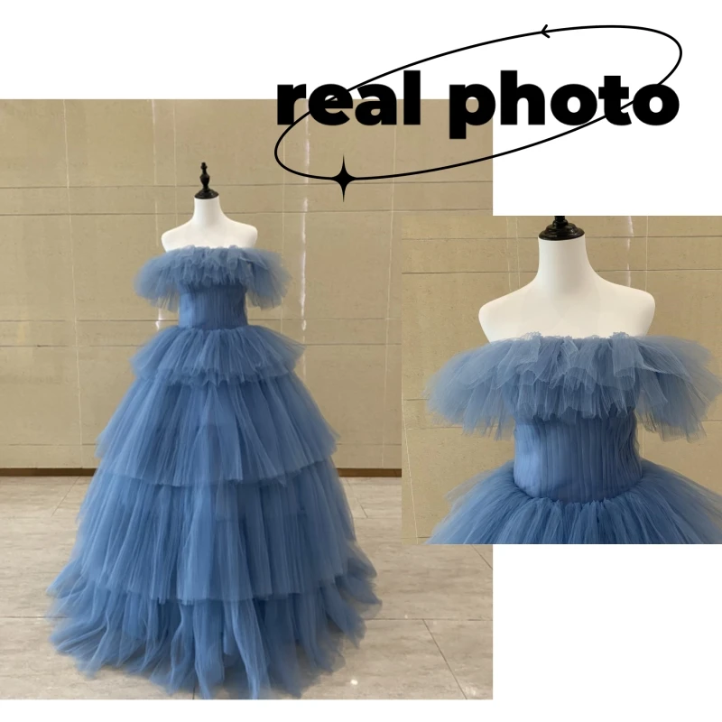 Customized Boat Neck Ball Gown Wedding Dresses New Blue Tulle Prom Dress Fashion Tiered Simple Vestido De Novia Plus Size