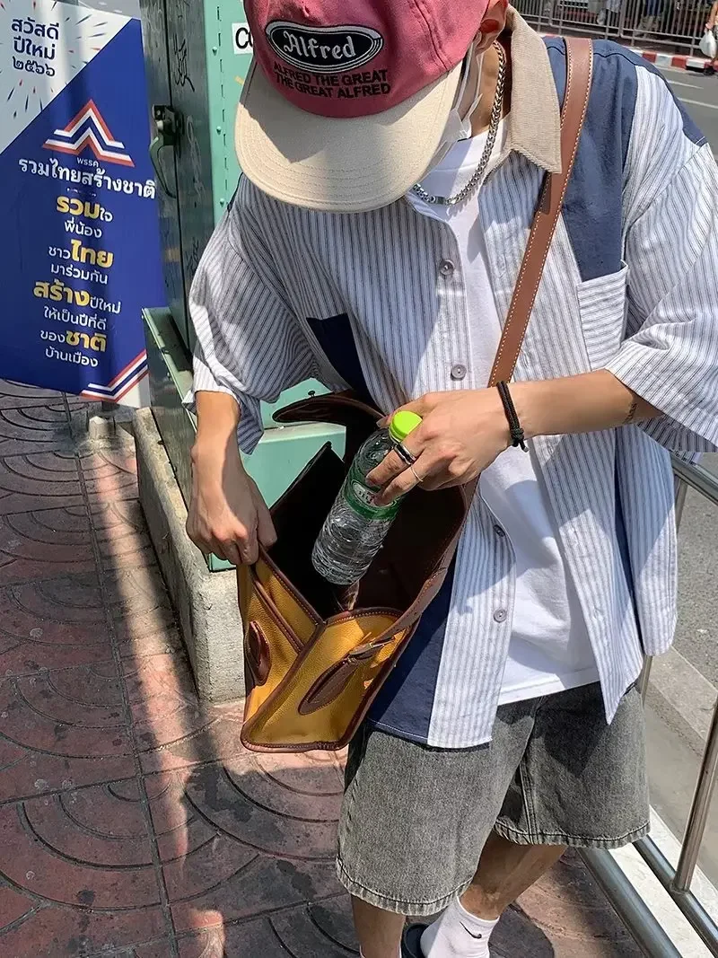 Summer New Amikaki Style Thin Striped Patchwork Short Sleeved Shirt For Men Retro Fashion Loose Casual Men's Shirt Y2k Clothing