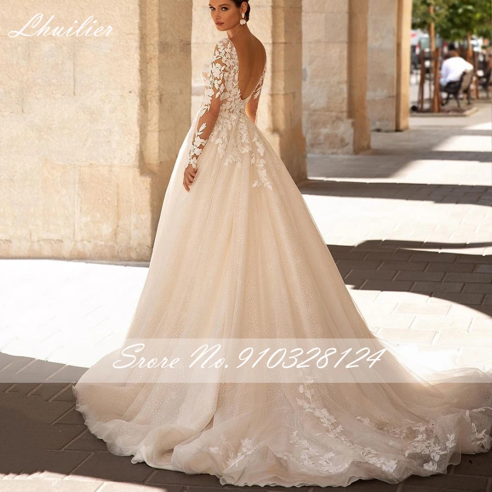 Lhuillier-Robes de mariée en tulle brillant à col en V personnalisées, longueur au sol, manches longues, robe dos nu pour patients