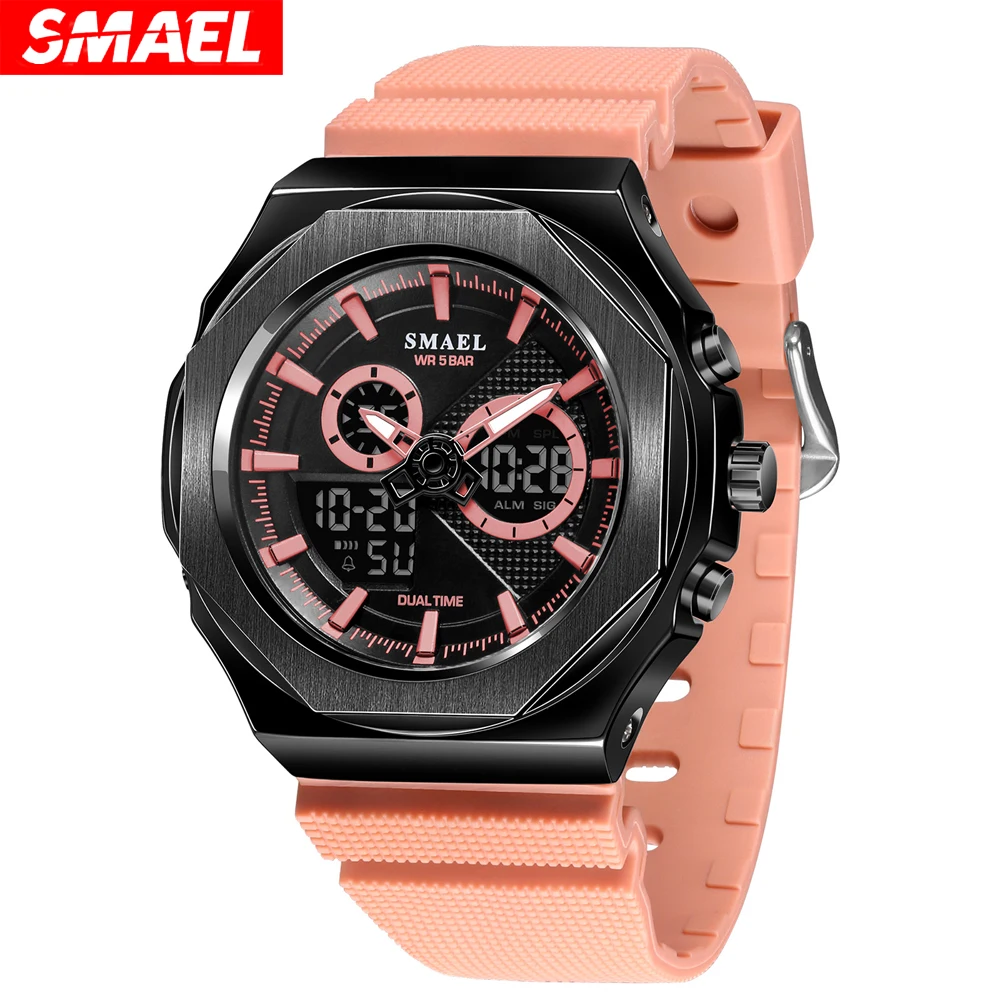 SMAEL Women Dual Display Waterproof Sport Quartz Watch LED Digital Analog Stopwatch Durable Daily Outdoor Casual Wristwatch