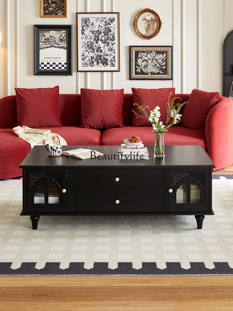 

French retro solid wood coffee table square drawer tea table household
