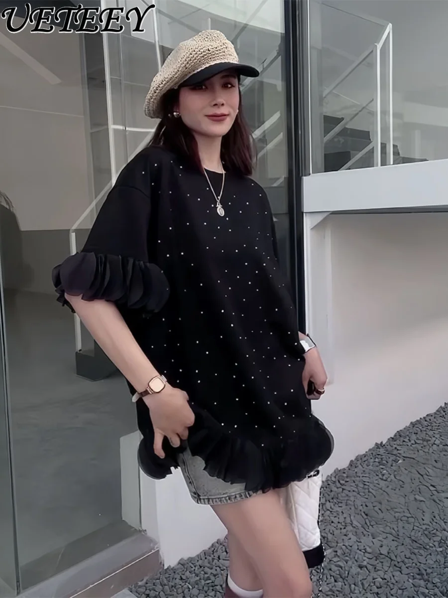 Heavy Industry Rhinestone Stitching Short Sleeve Round Neck Dress Women's Summer Slim Temperament Mid-Length Straight T-shirt