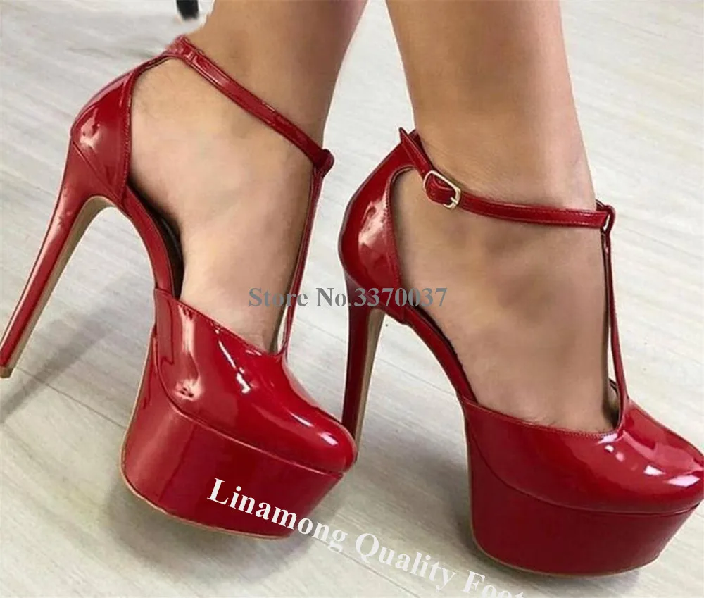 Linamong Patent Leather T-strap Thin Heel Pumps Round Toe Red Nude Black Bb Stiletto Heel Ankle Strap Shoes Party Heels