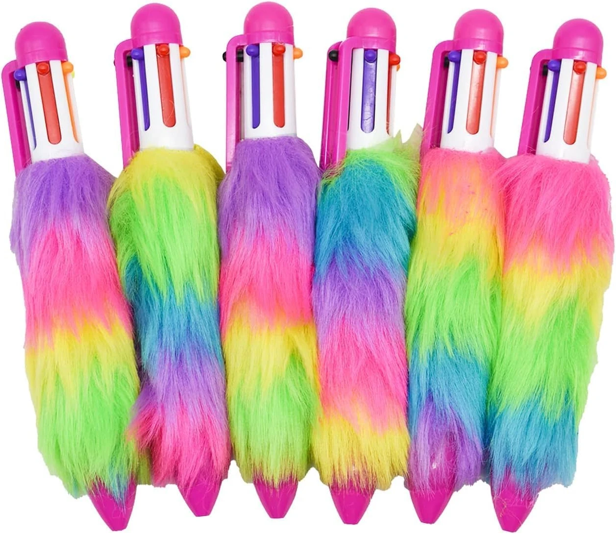 36pcs Wholesale Student Stationery 6-in-1 Ballpoint Pen Rainbow Plush Fluffy Retractable Pen Fun Writing School Supplies