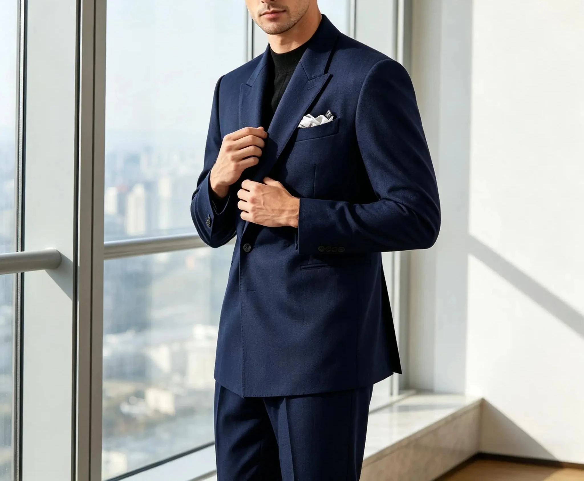 

Men's Serge Suit Set Jacket Premium One Button Peak Lapel Slim Fit Tuxedo 2 Piece Blazer Pants Casual Business Wedding Formal