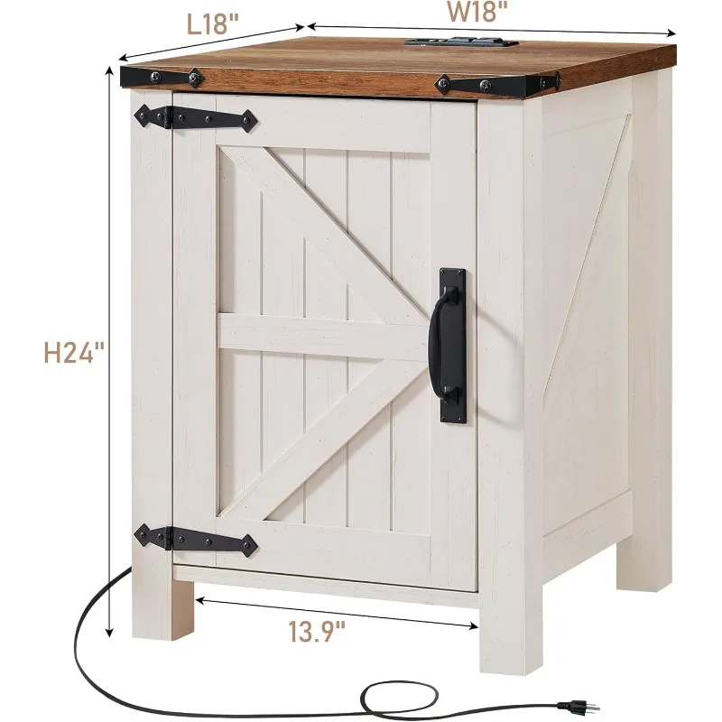 Nightstand with Charging Station, 18 Inch Farmhouse End Table with Barn Door and Adjustable Storage Shelf, Rustic Wood Sofa