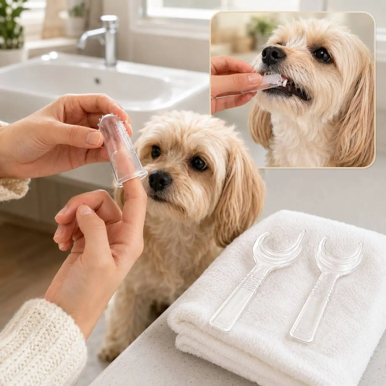 1 Set Pet Oral Care Kit: 1pc Handheld Pet Muzzle + 2pcs Finger Toothbrushes, Cat and Dog Dental Care Tools, Pet Teeth Cleaning