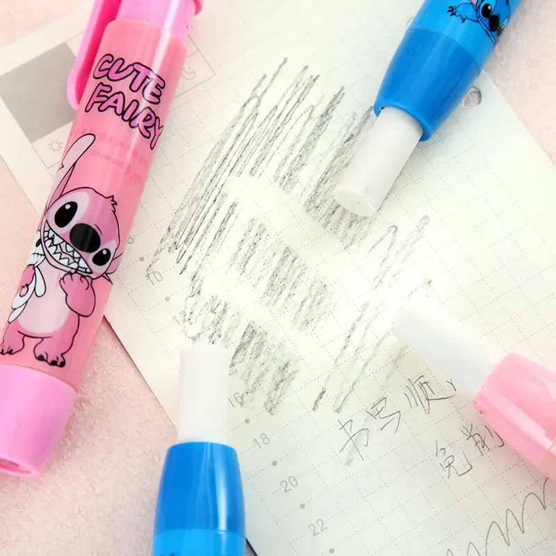 2024 Disney Stitch Eraser Cartoon Kawaii Pen-shaped Press Chip Eraser Children Stationery School Supplies Student Creative Gifts