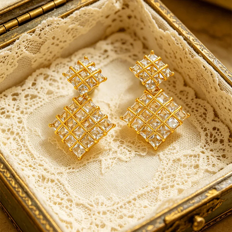 Distinct Light Luxury Zircon Inlaid Rhombus Stud Earrings For Women 24K Gold AU999 carry unique minimalist fashion personality