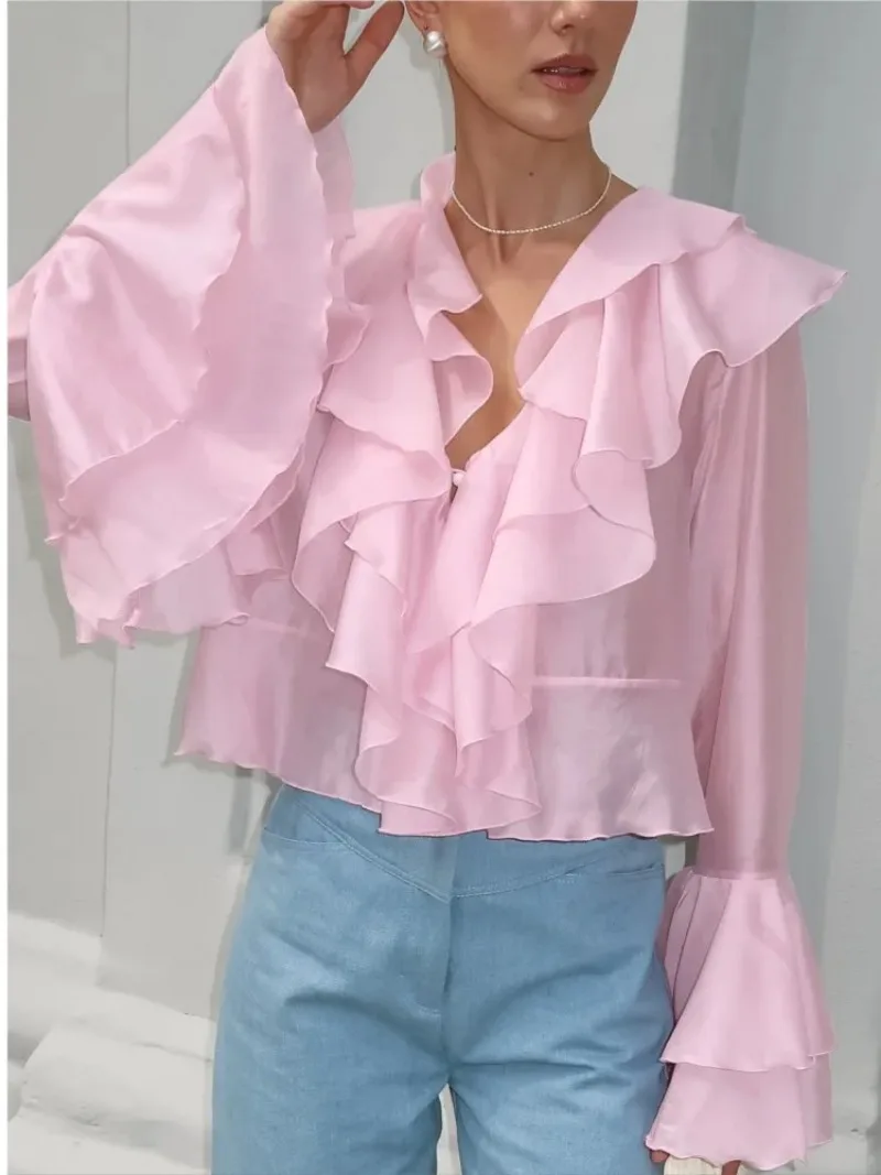 Pink Chiffon Shirt For Women 2025 Fashion Spring Summer With Layered Ruffle Edges V-neck Trumpet Sleeves Short Blouse Streetwear