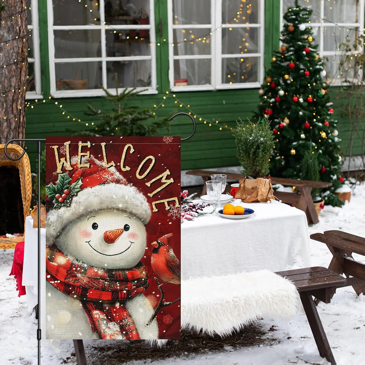 Heyfibro Welcome Christmas Garden Flag 12x18 Inch Double Sided Burlap, Snowman with Red Scarf Winter Cardinals Flags for Win UUM