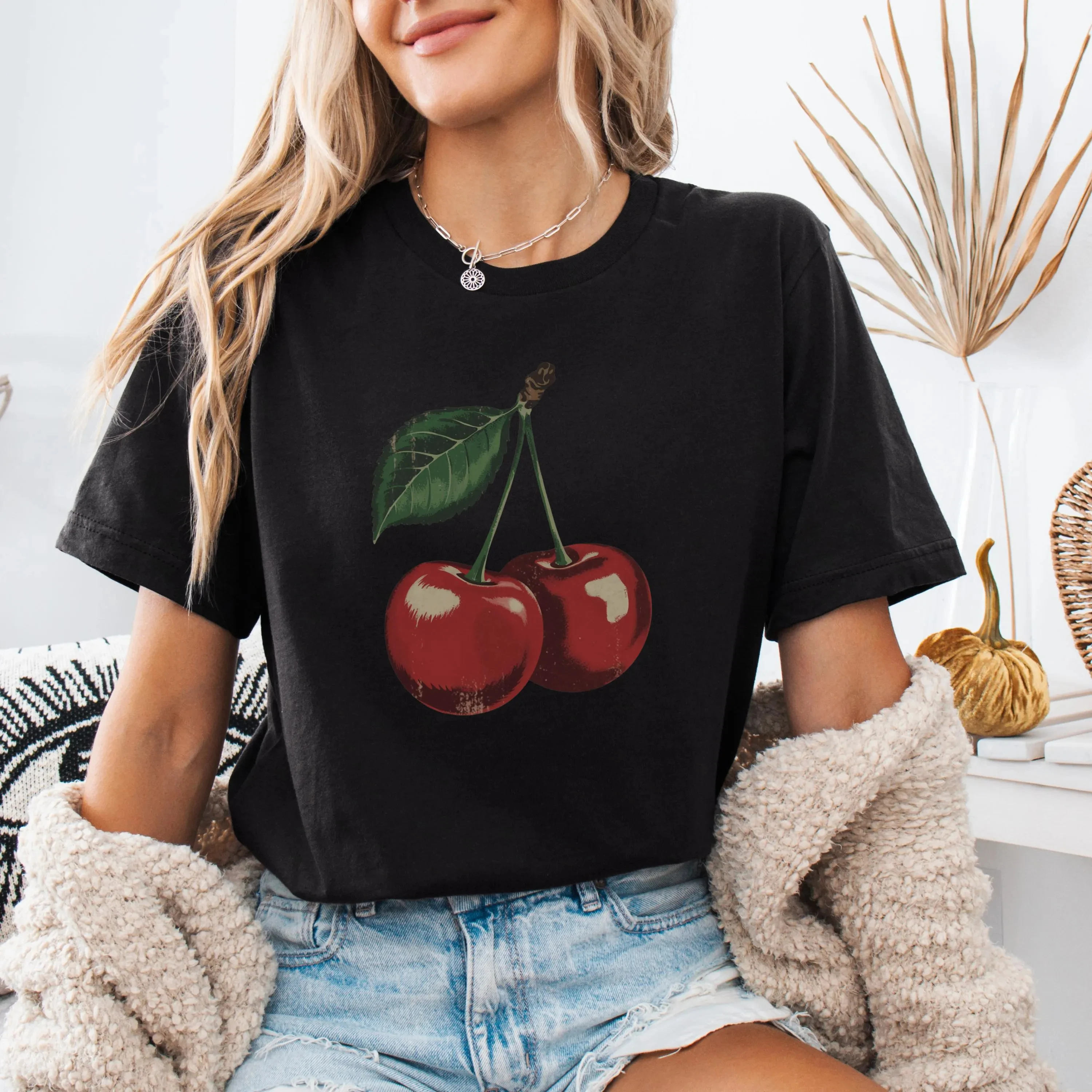 

Женская летняя футболка больших размеров с вишневым принтом, из чистого хлопка, дышащая, стильная, универсальная, в уличном стиле, оверсайз