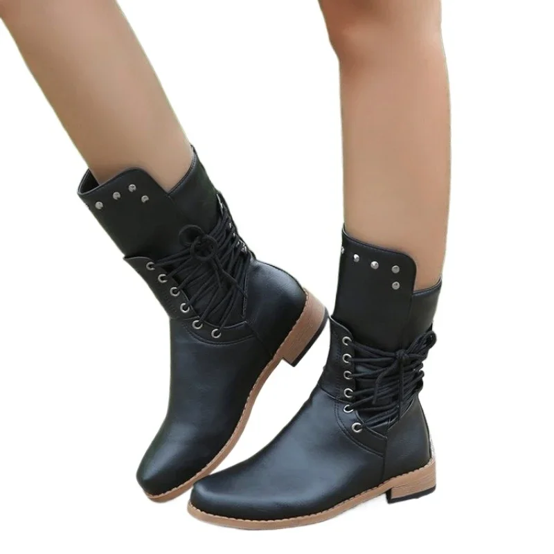 

Outdoor Women Mid-Calf Boot Fashion Rivet Knight Boots British Style Autumn Winter Female Shoes Cross Lace Morden Booties