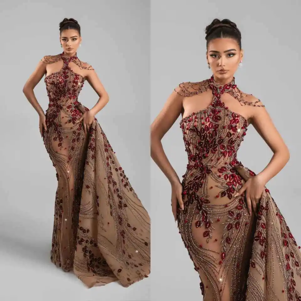 Gorgeous Mermaid Prom Dress Beaded Crystal Formal Party Floor-Length Detachable Train  Bridal Gowns Plus Size Dresses Customized
