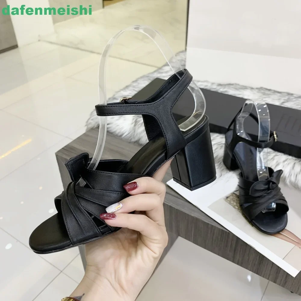 2025 New Women Sandals Cross Strap Bow Open Toe Chunky Heel High Heel Front & Rear Strap Solid Color Genuine Leather Sandals