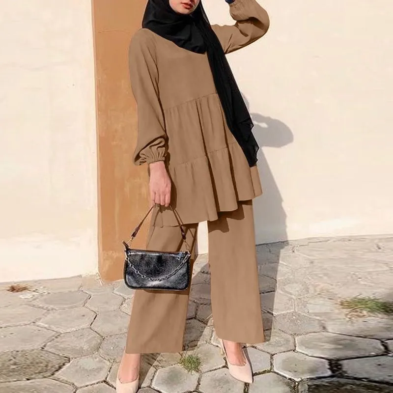 Ensembles Muslim Two Piece Set Women Blouse Wide Leg Pants Suit Ramadan Eid Morocco Dubai Islam Arabic Modest Saudi Outfits