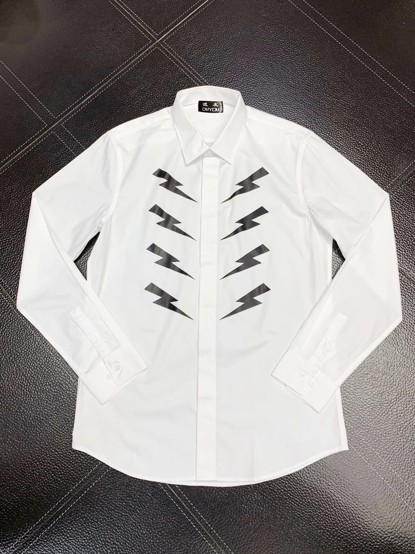 Men's Shirt Slim Fit Flex Collar Stretch With Mirror Lightning Print Men Dress Shirts Button-Down Work Cotton Tops 304