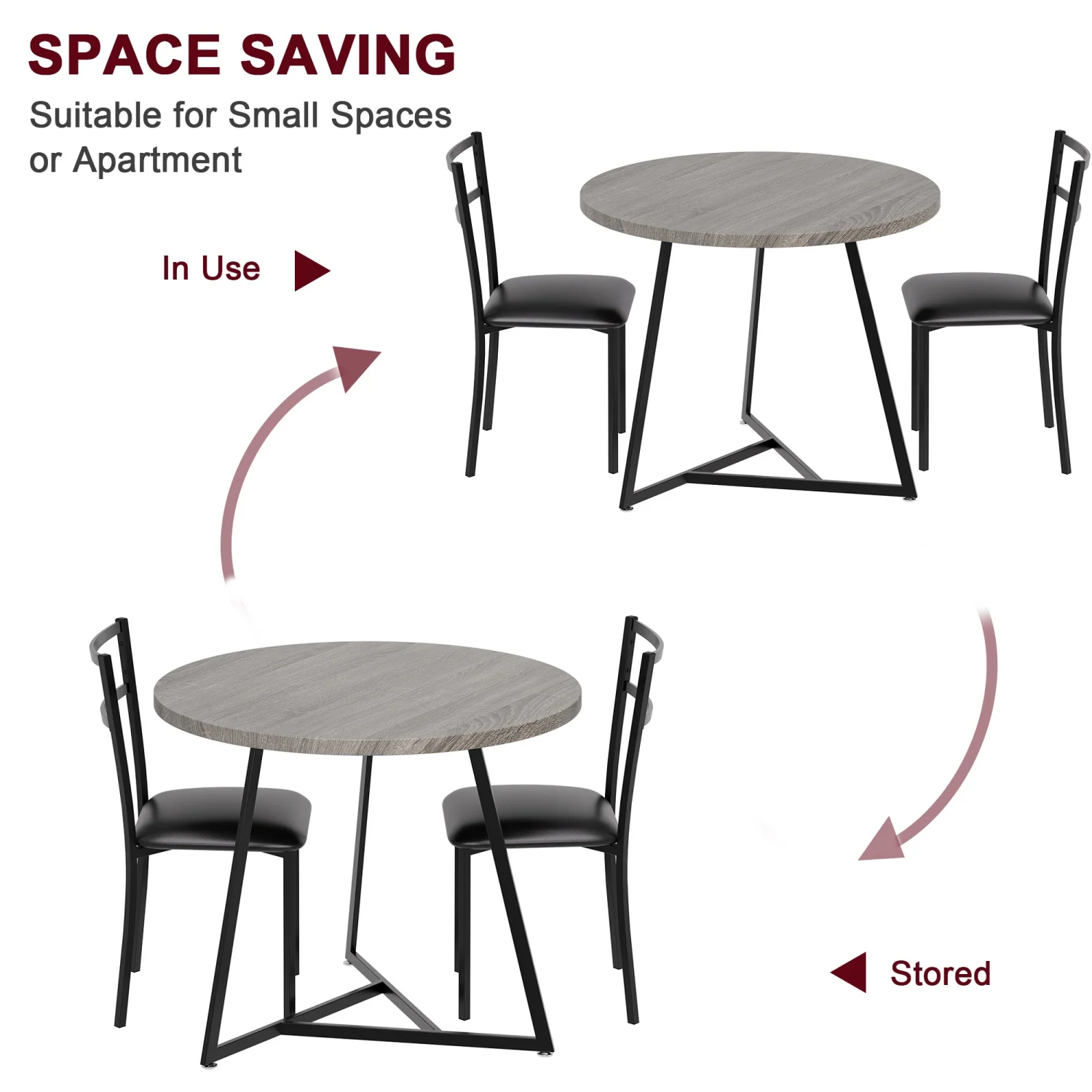 Round Dining Table Set for 2,  Dining Table with 2 Upholstered Chairs, , 3 Pcs Kitchen Table Set for Small Space, Apartment