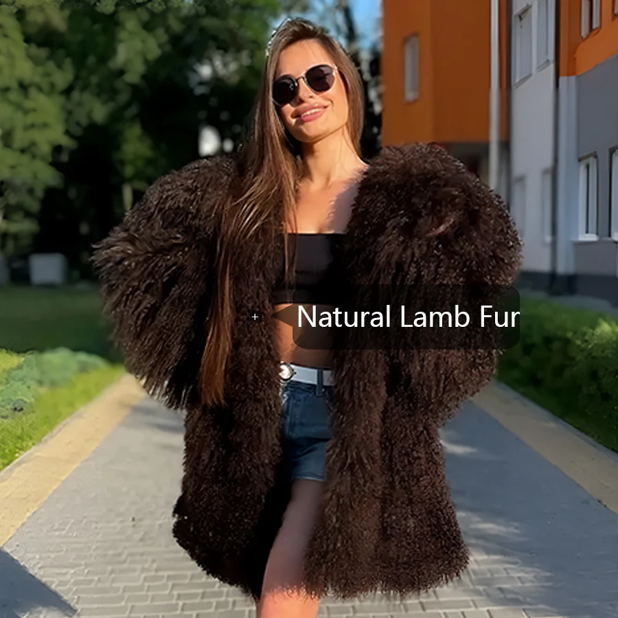 Real Fur Coat Women's Jacket Sheep Fur Coat Warm Winter  Lamb Fur Coat Brown Long Luxury New Arrivals