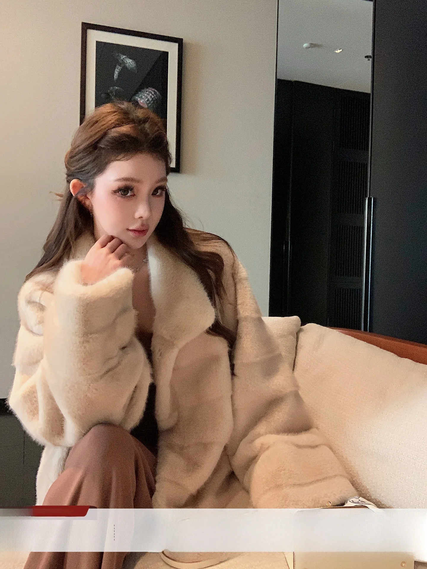 

Qiu Rou Yao Fur Jaet Women's Loose Fur And Leather Inteated Outerwear Casual Sle Mid-Length Sve Long Coat