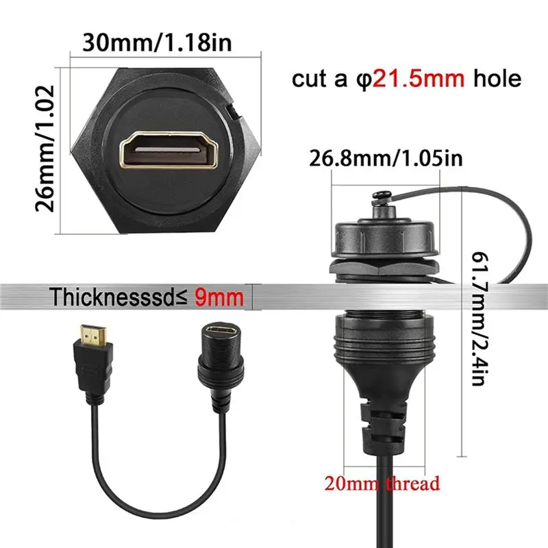 AS95 2X -Compatible Male to Female Extension Cable, Flush Mount for Car Boat Motorcycle Dashboard, 4K@60Hz, 0.3M
