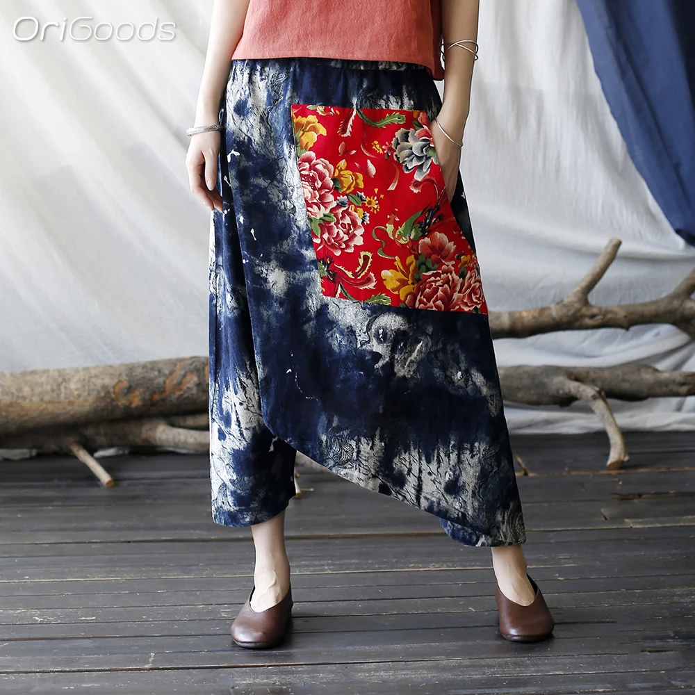 

OriGoods Novelty Design Cross Pants Women Cotton Linen Loose National Style Summer Pants Woman 2024 Irregular Pants Femme X064