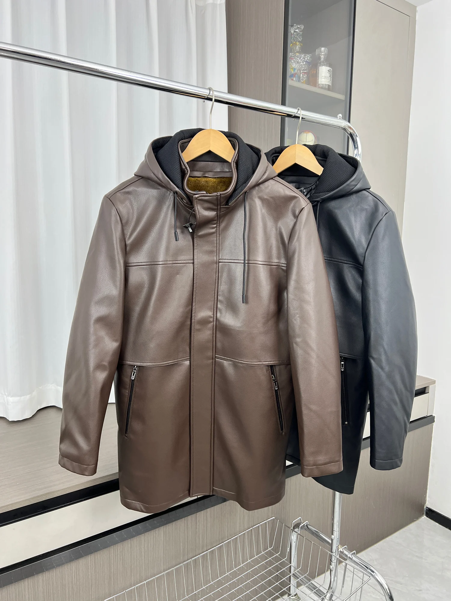 

Thiened Tee-in-One Fce Lined Hooded Men's Leather Jaet Coat Warmth Anti-Cold Autumn Winter Faion Casual Zipper Clo...