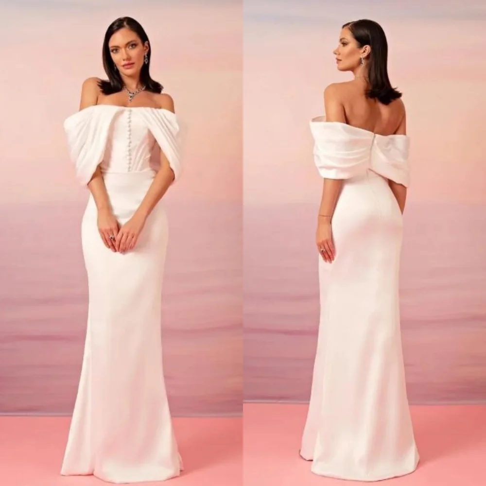 

Customized Fashion Formal Jersey Pleat Ruched Button Mermaid Off-the-shoulder Long Dresses Evening Dresses Elegant High Quality