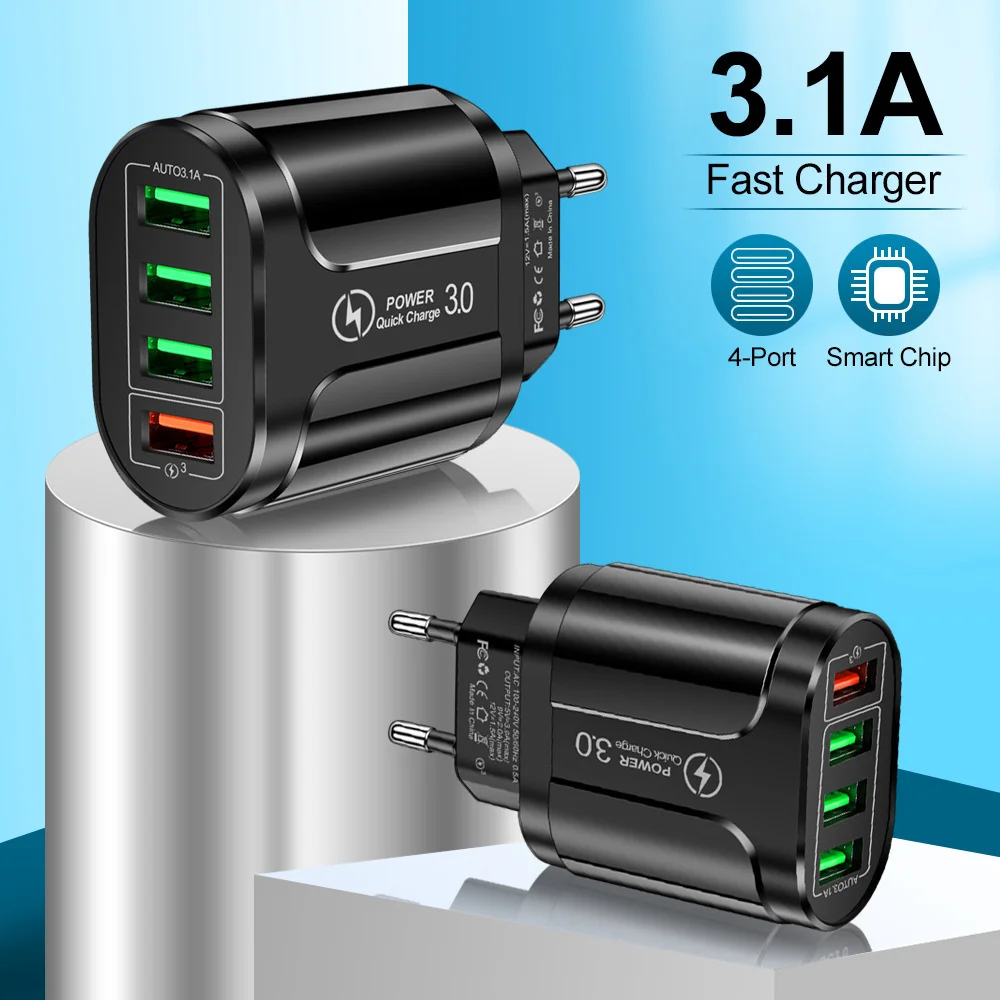 Carregador USB 3.1A com carregamento rápido 3.0, plugue EU/US/KR, carregador de parede para iPhone, Samsung, Xiaomi, Huawei, adaptador de energia para carregamento rápido.