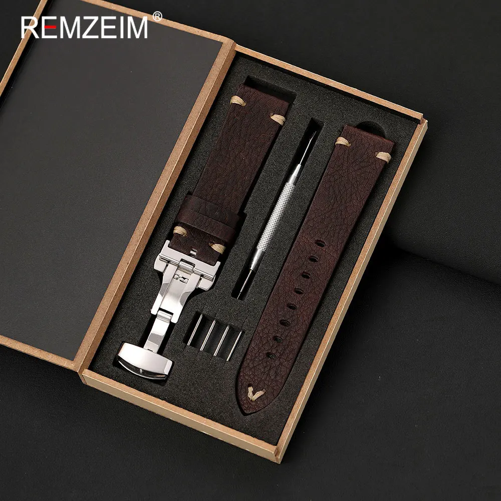 Men Durable Lychee Texture Watch Strap 18mm 20mm 22mm with Butterfly Buckle Gift Packing Box Business Wristwatch Band