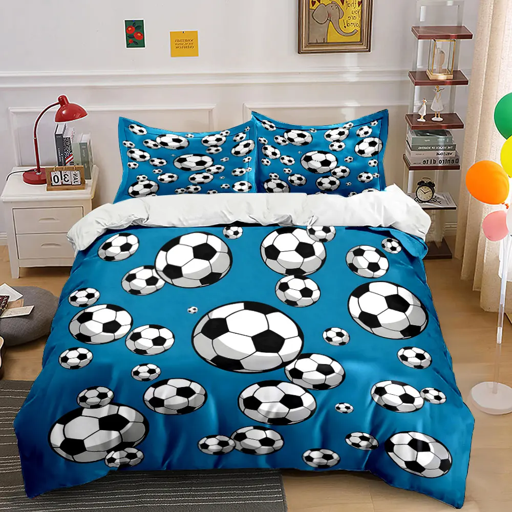 Cartoon Soccer Ball on Blue Background 3PCS Bedding Set Soft Bedding Set for Football Fans & Kids Bedroom