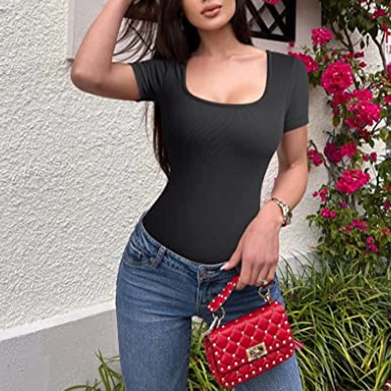 OMSJ Seamless Body-shaping Sexy Ribbed One Piece Square Collar Short Sleeved Skinny Bodysuits Tees Base Casual Streetwear Female