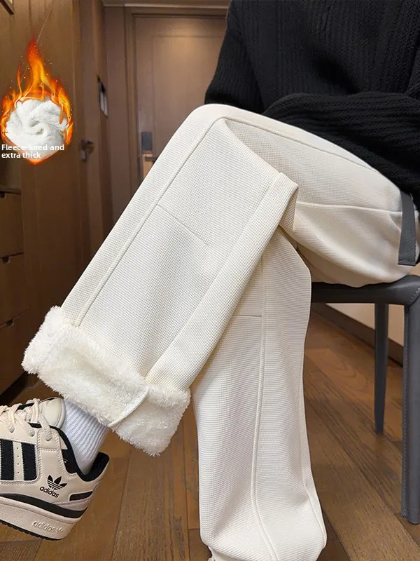 

Thiened Polar Fce Men's Winter Casual Pants Loose Straight Leg Warm Trousers American Sle Fce Lined Curved Knife Pants