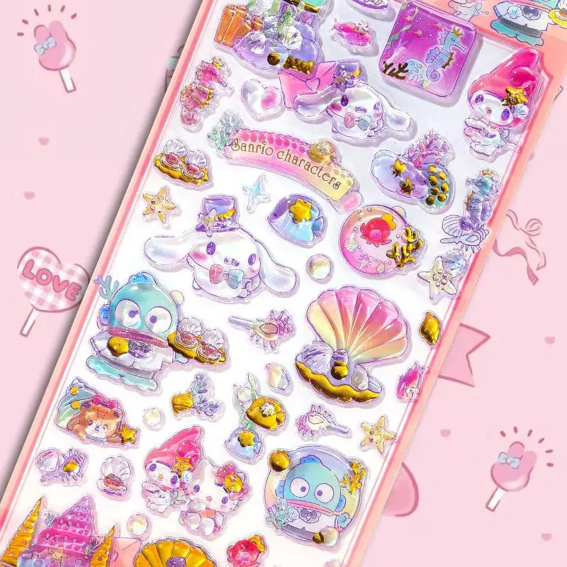 Sanrio 헬로 키티 Hangyodon 오션 테마 릴리프 스티커 환상적인 보석 3d 쉘 물고기 장식 스티커 어린이 장난감 선물