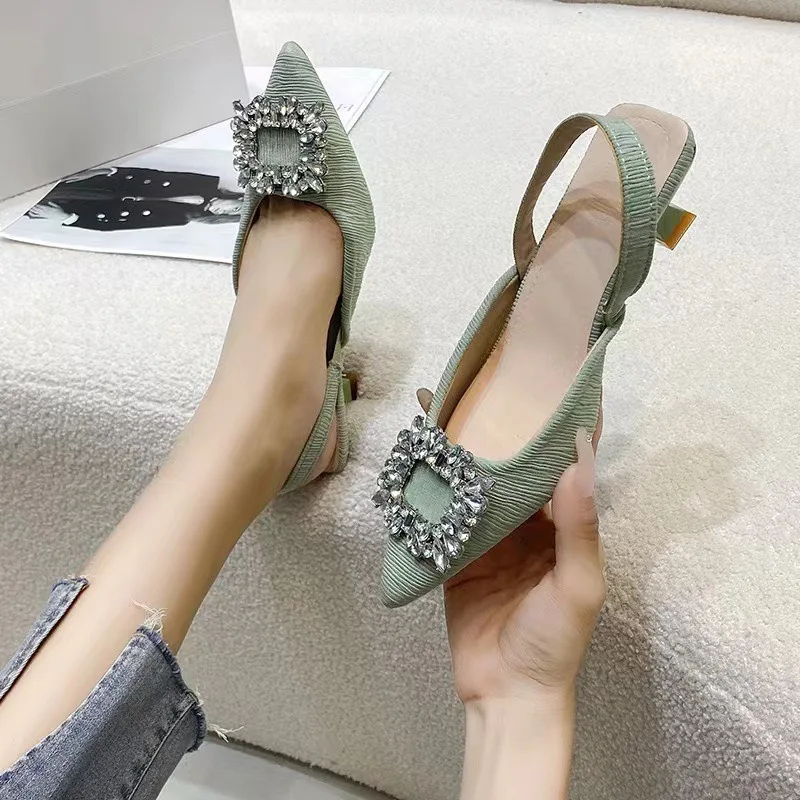 Women Baotou High Heeled Sandals Summer New Fashion Rhinestone Green Wedding Sequins Exposed Classic Baotou Back Empty Sandals