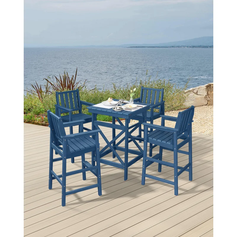 

5 шт. барный набор из HDPE для столовой, отеля, школы, виллы,latted, стол, 4 эргономичных табурета, переработанный пластик, устойчивый к ультрафиолетовому излучению для патио