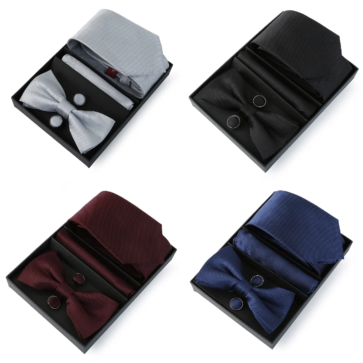 Fashion Men's Thrend Solid Colors Tie Gift Box Tie Bow Tie Handchief Cufflink Luxury Elegant Suit 4-Piece Wedding Business Party