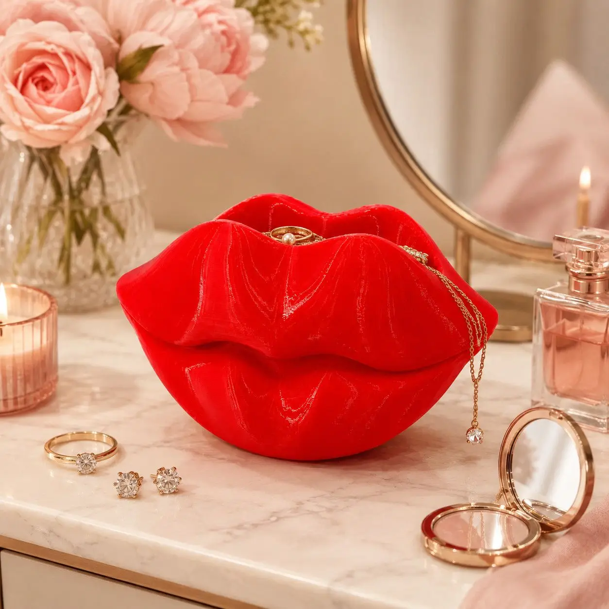 Funny Red Lips Shaped Storage Box Makeup Brush Holder Desktop Pen Organizer Vanity Jewelry Decor 3D Printed
