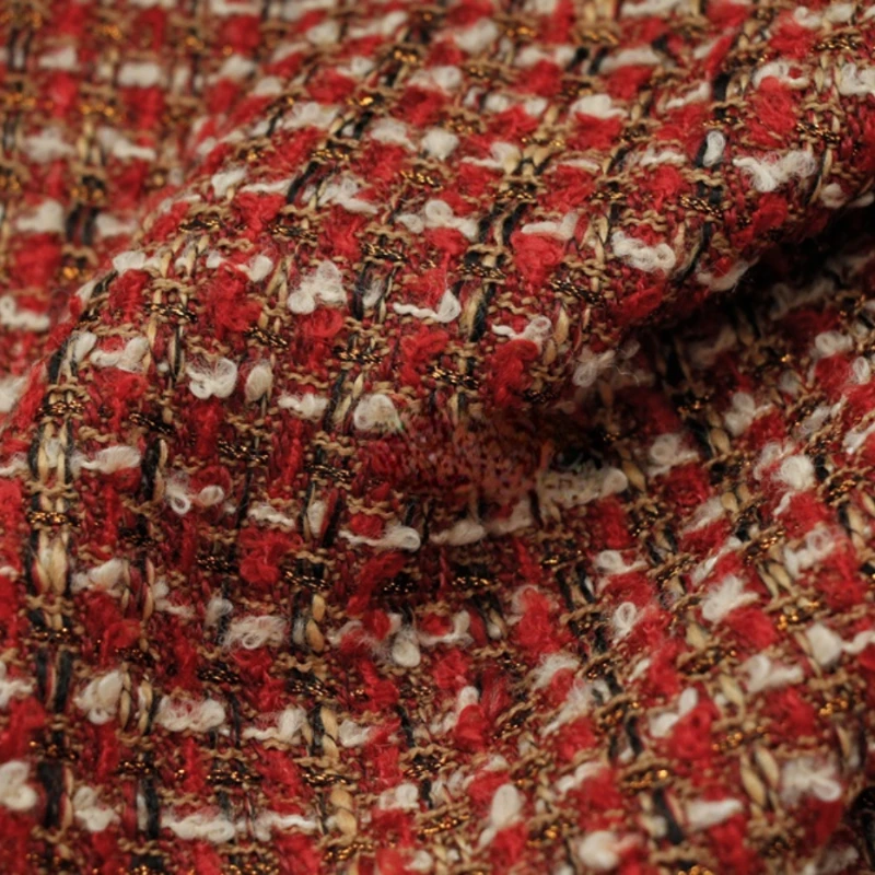  plaid fabric Wide 100cm x 150cm Blended Woven Vintage Red Yarn-Dyed Gold Silk Circle Wool Coarse Tweed Diy Coat Suit