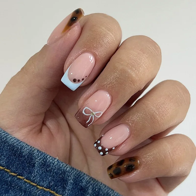

24PCS Brown Leopard Print French False Nails with Glue Cute Sweet Bow Polka Dots Fake Nails for Women Detachable Simple Nail Art