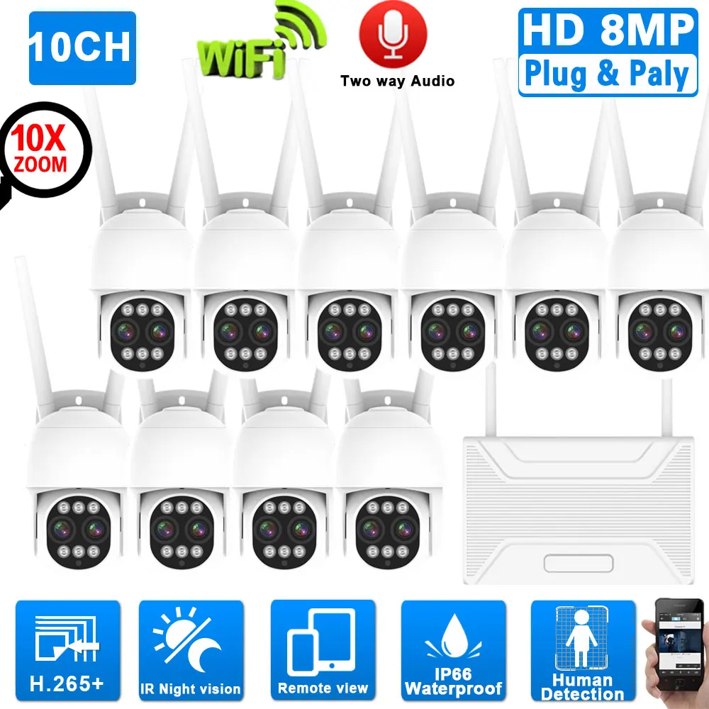 

10X Zoom Wifi PTZ Security Camera System 4K 8CH Wireless NVR Kit Dual Lens Auto Traking CCTV Video Surveillance Camera Kit 8MP
