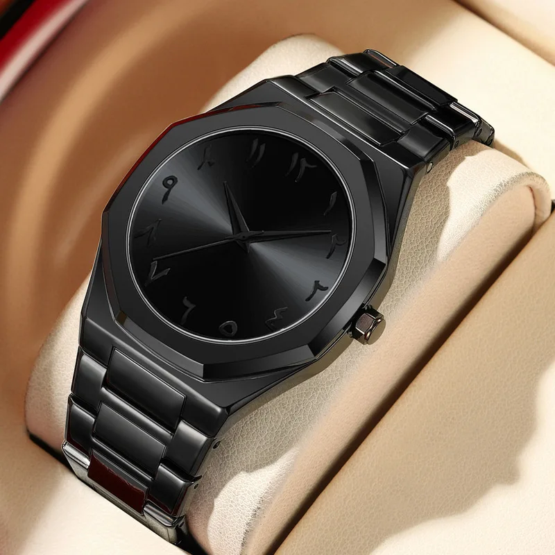 Men Quartz Wristwatch Alloy Waterproof Arabic Numerals All Black Dial Durable Casual Business Fashion Timepiece For Daily Wear