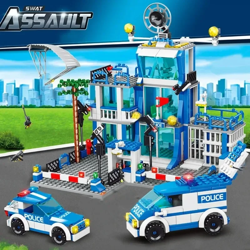 SWAT Police Station Military Building Blocks City Model Set Prison Car Policeman Boat Figures DIY Brick Toy for Kids Boys Gift