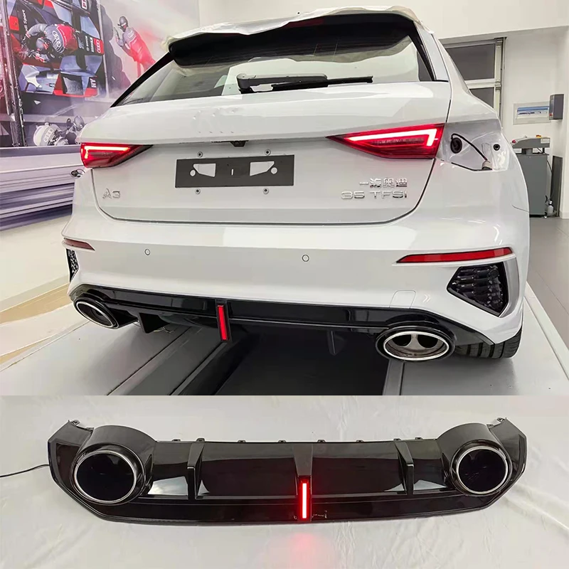 Red LED Brake Light ABS Gloss Black Rear Bumper Lip Diffuser Spoiler And Exhaust for Audi S3 Sline Sport Bumper 2021UP