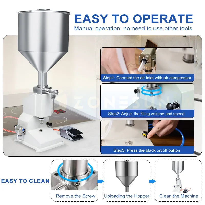 ZONESUN Paste Filling Machine ZS-A02 Pneumatic Honey Tomato Sauce Adjustable Bottle Jar Filler Stainless Steel
