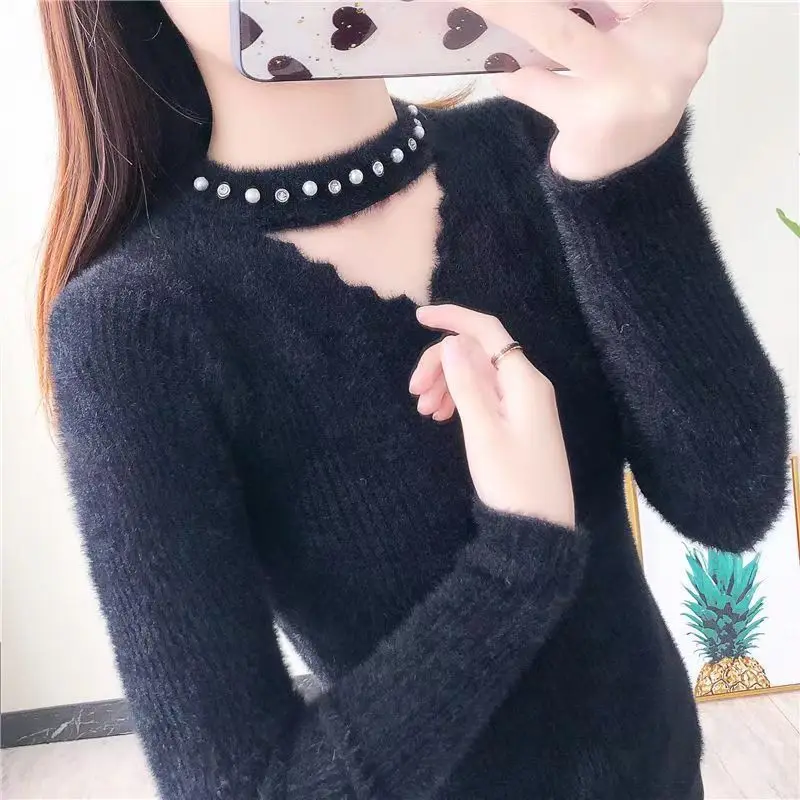 Autumn Winter Commute Slim Long Sleeve Bottom Pullover Knitted All-match Round Neck Hollow Out Beading Solid Color Sweater Tops