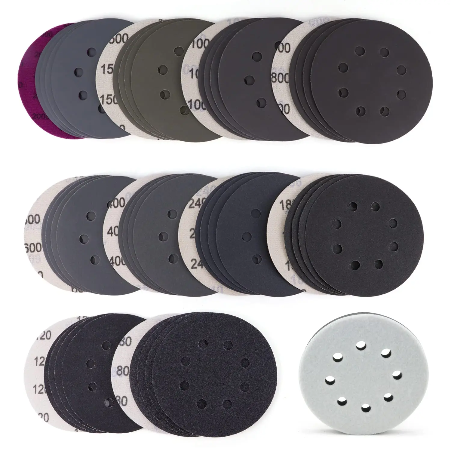 120pcs 5 Inch Sanding Discs Hook & Loop 8 Holes Wet Dry Orbital Sandpaper with Interface Pads Silicon Carbide Round Flocking San