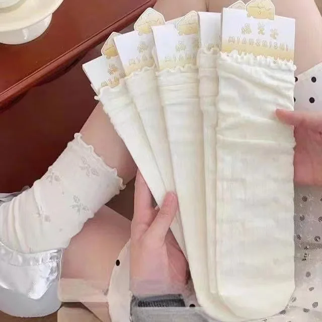 

6Pcs White Lace Socks Women's Medium Tube Socks Summer Thin Japanese Girl Jk Stacking Socks