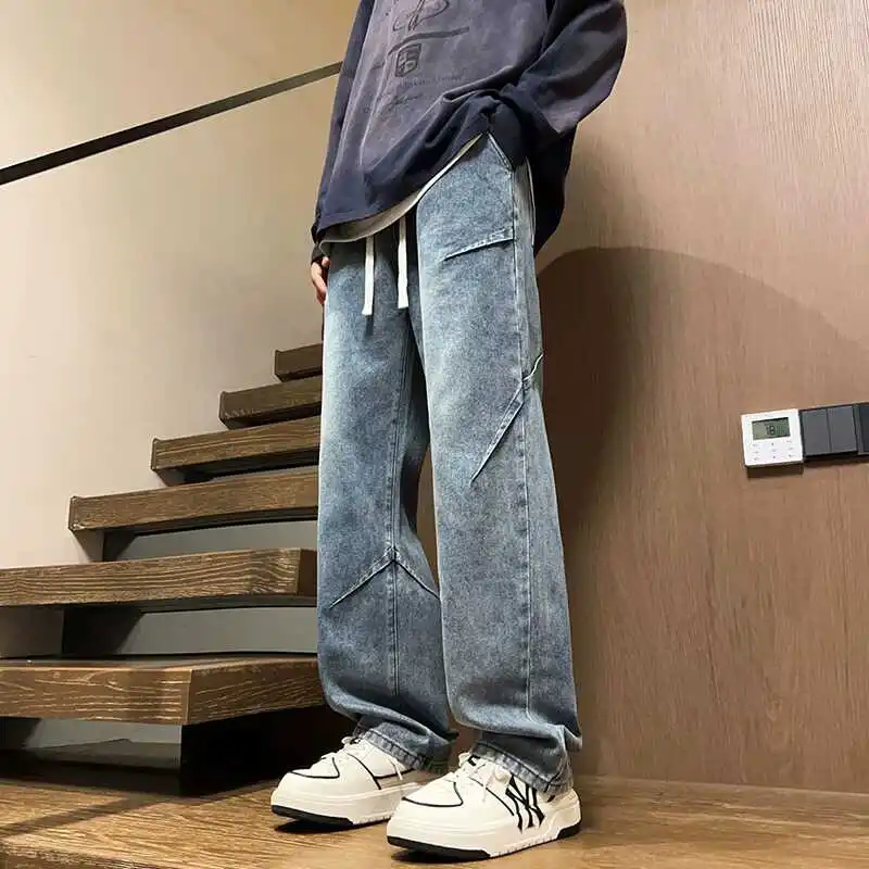 

American Style Trendy Jeans Men's Vintage Washed Loose Straight Leg Pants Hong Kong Style INS Floor-Length Wide Leg Pants
