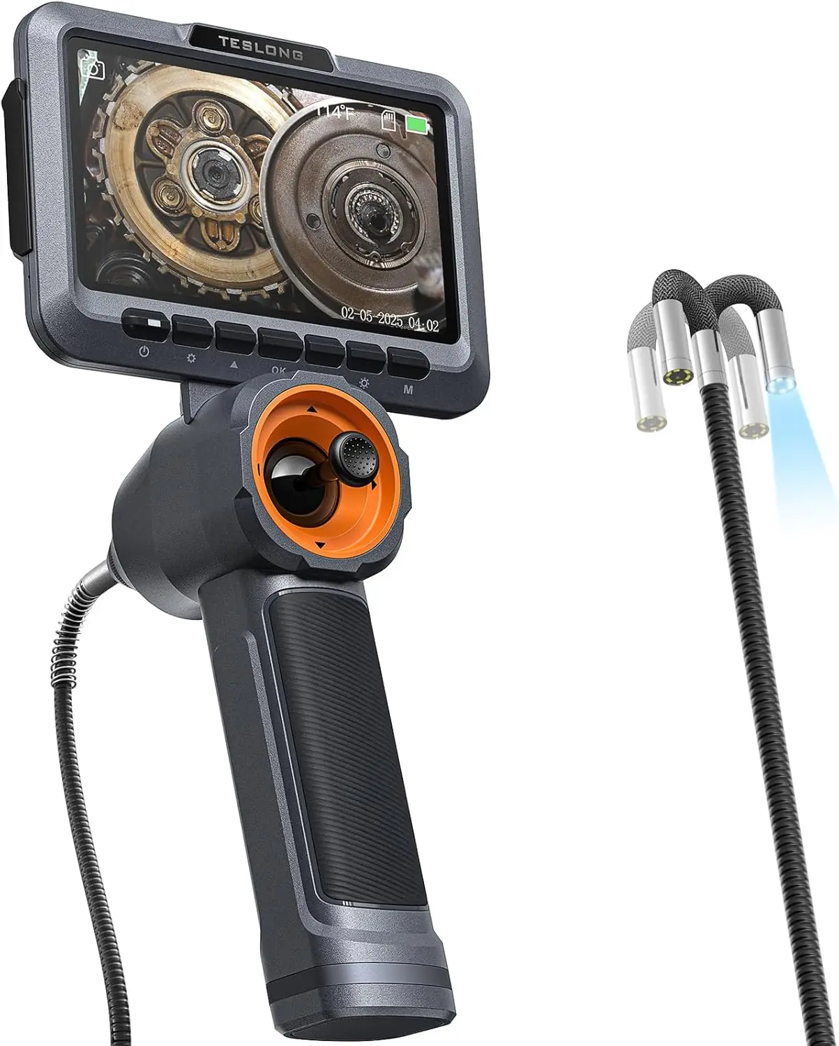 

Teslong 360 Articulating Borescope with Light, 5'' Monitor Industrial Inspection Camera with 4-Way Joystick Articulation, HD End